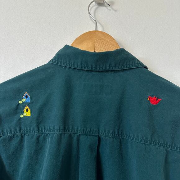 VTG 90s Embroidered Birds Button Up Shirt Birdhouse Green S Cottage Whimsical - Picture 6 of 9